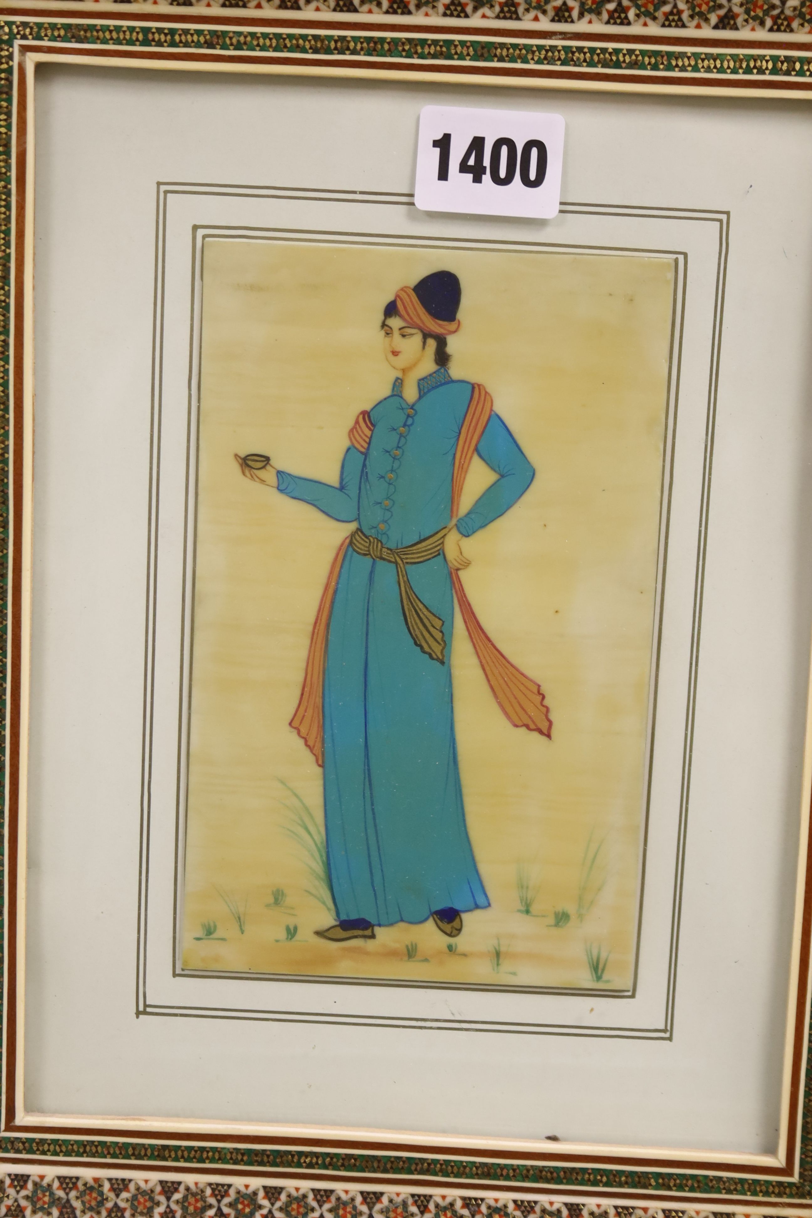 Eleven Persian hand-painted miniatures in decorative Khatam frames